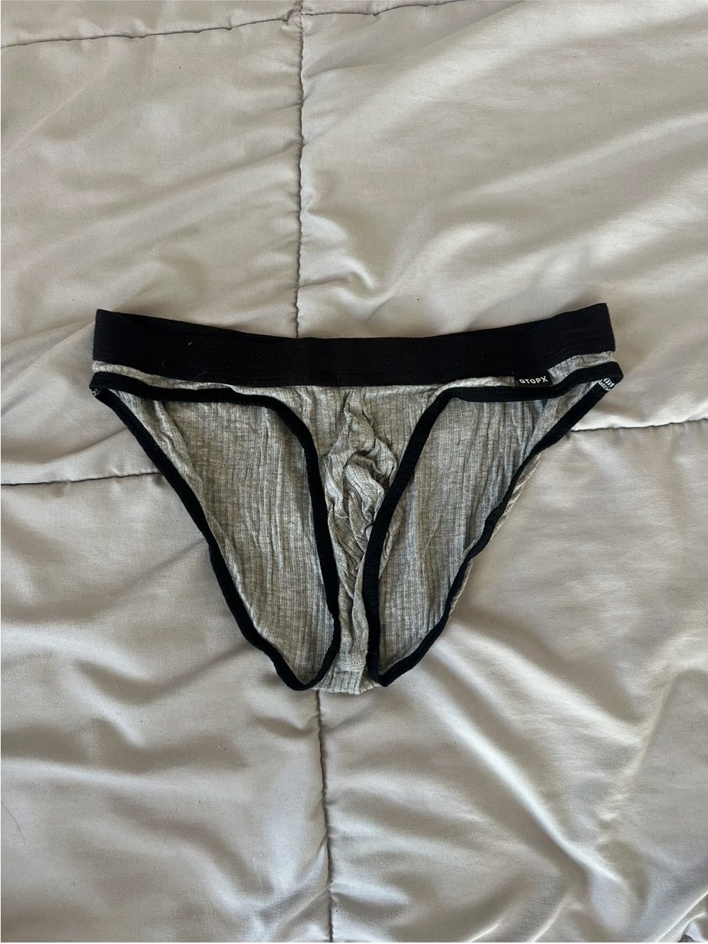 men’s Gray Ribbed Bikini Briefs with Black Trim